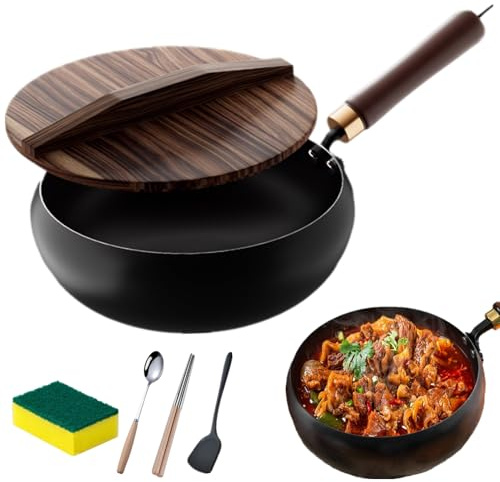 Japansk handsmidd non-stick järnpanna, obelagd tjock järngryta med lock för elektriska spisar, induktionsspisar, gasspisar (24 cm/9,4 tum)