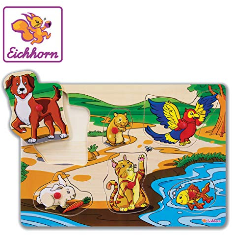 Eichhorn 100005452 - Steckpuzzle 30x20cm mit 6 Steckteilen, Motive: Tiere/Fahrzeuge, Keine Motivauswahl möglich, Lieferumfang 1 STK., FSC 100% Zertifiziertes Lindensperrholz