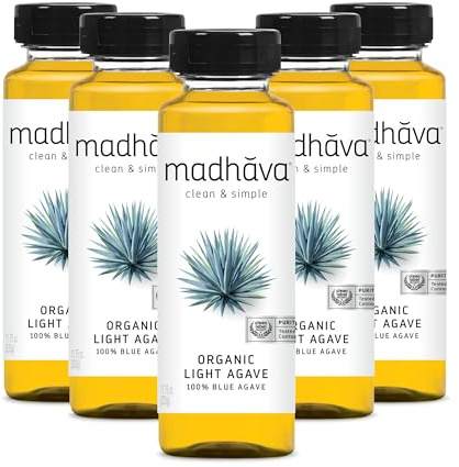 MADHAVA Organic Light Agave | 100% Pure Organic Blue Agave Nectar | Natural Sweetener, Sugar Alternative | Vegan | Organic | Non GMO | Liquid Sweetener , 11.75 oz. Bottle (Pack of 6)