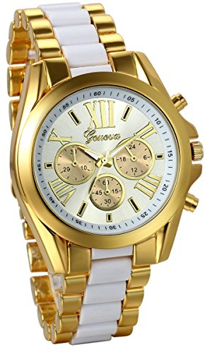 JewelryWe Herren Armbanduhr, Analog Quarz, Business Casual Edelstahl Armband Uhr mit Römischen Ziffern Zifferblatt, Gold Weiss
