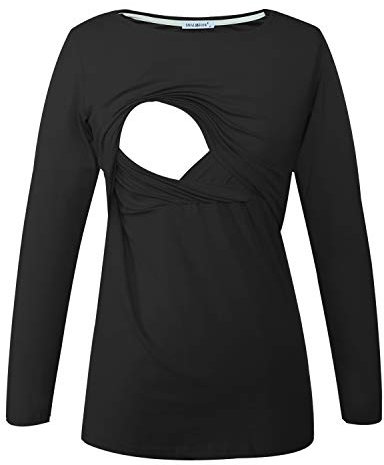Smallshow Damen Stillshirt Umstandsmode T-Shirt Umstandstop Umstandsshirt Schwangerschaft Kleidung Stilltop Langarmshirt Black XXL