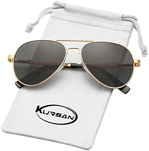 Kursan Kids Small Polarized Aviator Sunglasses for Boys Girls Age 4-18, 100% UV400 Protection, 52MM (Gold/Black Lens)