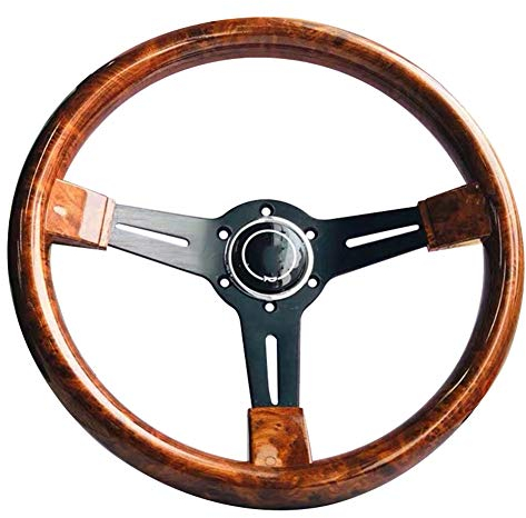 35cm 14 Zoll Holzlenkrad,MoreChioce Universal 6 Loch Auto Lenkrad Retro Rennen Lenkrad Schwarz Schlitz 3 Speichen Sportlenkrad mit Hupenknopf Kit