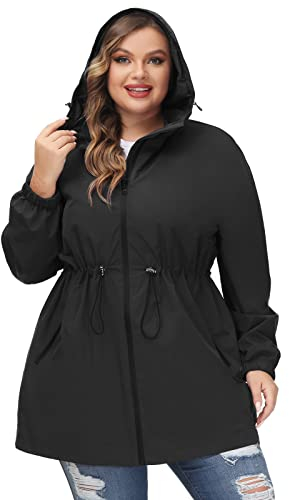 Hanna Nikole Damen Große Größe Jacke Leicht Casual Regenjacke Outdoorjacke Fahrrad mit Kapuze Schwarz 54