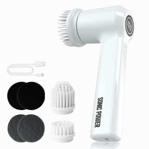 SonicPower Electric Spin Scrubber – Handheld & Ergonomic, IPX7 Waterproof, 4 Multi-Purpose Brush Heads, Long-Lasting Rechargeable Battery – Cleans Dishes, Bathroom, Tile, Grout & Kitchen (White)