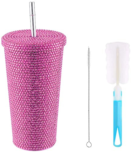ZWMBYN Bling Trinkbecher mit Nieten, glitzernd, mit Deckel und Strohhalm, 482 ml, Edelstahl, glitzernde Kaffeebecher für Damen, Rosa