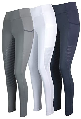 Lazura - Damen Sommer Reitleggings Lea | Vollbesatz aus Silikon | Reithose in Weiß mit Handytaschen | atmungsaktiv durch seitliche Mesh-Einsätze | Größe 36/38