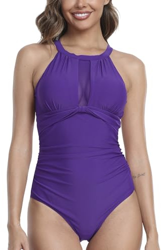 Tummy Control One Piece Swimsuit Vintage Swimming Costume Women Violet,L