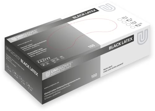 UNIGLOVES - Robuster BLACK LATEX Einweghandschuh | Puderfrei | Schwarze Einweghandschuhe zum Kochen, Tätowieren uvm. | Küchenhandschuhe schwarz | 100 Stück | Einmalhandschuh XL