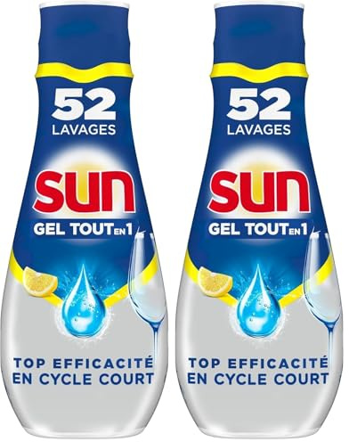 Sun Gel Lave-Vaisselle Tout-En-1 Citron Double Action x52, Propreté et Brillance Cristal, efficace en cycle court x52 lavages (900ml) (Lot de 2)