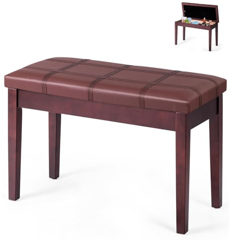 OFFICEJOY Klavierbank, Massivholz-Tastaturbank mit Ablagefach, exquisites Bein und dickem Kissen, klassischer, eleganter Klavierhocker, Duettsitz für Zuhause, 35,6 cm D x 74,1 cm B x 49,5 cm H (Braun,