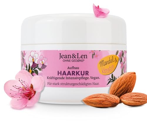 Jean & Len Aufbau Haarkur Mandel & Keratin, für stark strukturgeschädigtes Haar, repariert & reduziert Spliss sowie Haarbruch, glättet die Haarstruktur, Haarkur ohne Parabene & Silikone, vegan, 250 ml