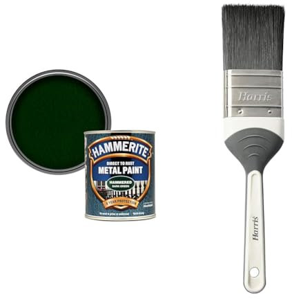 Hammerite Direct to Rust Metal Paint - Hammered Dark Green Finish 750ML & Harris Seriously Good Metalwork Flat Paint Brush, 2, Grey, 102071001