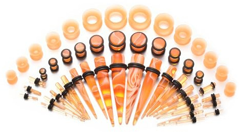 vogem 50Pcs Ear Stretching Kit Acrylic 14G-00G Ear Tapers and Silicone Tunnel Marble Pattern Ear Stretchers Expander Piercing Set Body Jewelry (Orange)