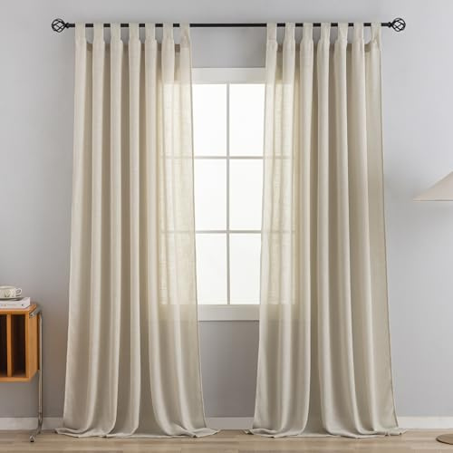 VOILYBIRD Natural Linen Semi Sheer Curtains Tab Top Light Filtering Elegant Curtains & Drapes for Living Room 52 x 96 Inch Length, 2 Panels, Khaki