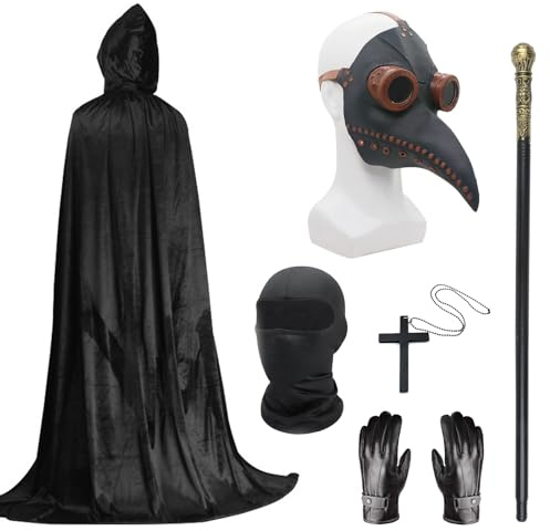 Costume de Médecin de la Peste - Masque d'Halloween à Long Bec Noir Avec Cape à Capuche Noire - Collier Croix, Gants, Canne - Pour Halloween, Carnaval, Bal Masqué (A)
