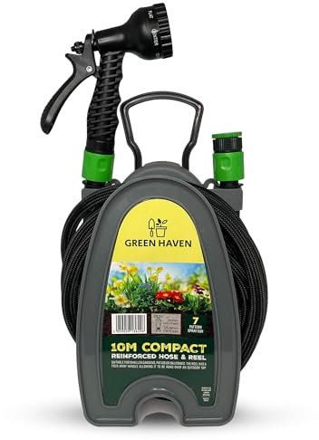 Green Haven Gartenschlauchtrommel – 10 m leichter kompakter Schlauch mit 7 Sprühdüsenpistole, Mini-Schlauchtrommel für kleine Gärten, Balkone und Außenreinigung (verstärkt)