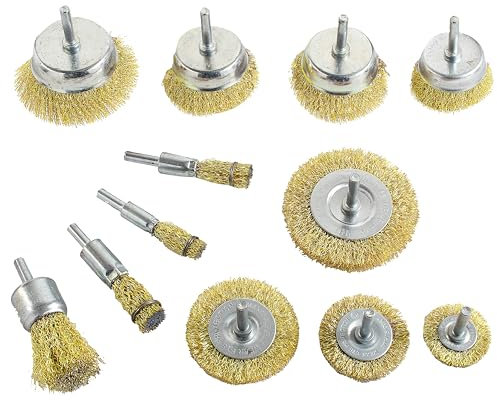Wire Brush Drill Set - 12 Brass Coated Wheel & Cup Brushes - For Cleaning Rust Paint Removal - 1/4 inch Shank