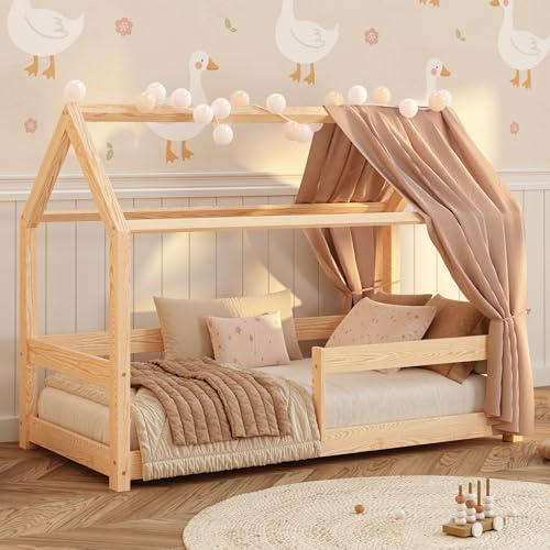 smartwood Lit Cabane Enfants 90x190 cm en Bois - Lit Enfant avec Barrière & Sommier Robuste Jusqu’à 230 kg - Design Scandinave - pour Garçons et Filles - Montage Facile - Milo