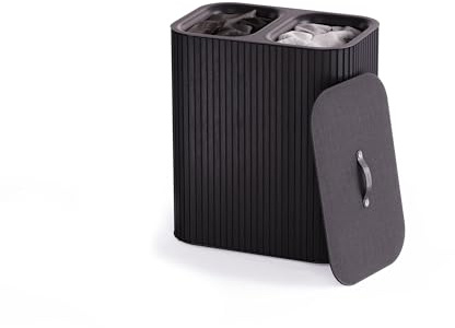 Joseph Joseph Tota Twin Luxe 90L Bamboo Laundry Basket, 2x 45L Compartments, Removable Bags, Carbon Black