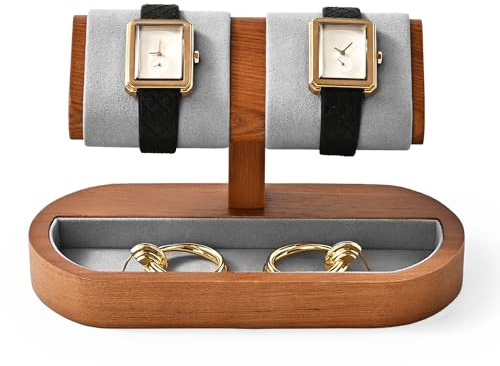 Papten Solid Wood Watch Display Stand T-bar Watch Stand Holder Organizer For Men And Women Oval Corner Base Jewelry Accessory Organizer for Store and Home,Grey(SM23604)