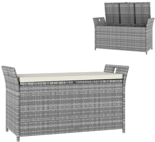 Outsunny Contenitore da esterno in resina intrecciata, panca da 250L con cuscino rimovibile, per giardino, balcone, patio, 125 x 55 x 70 cm, crema e grigio