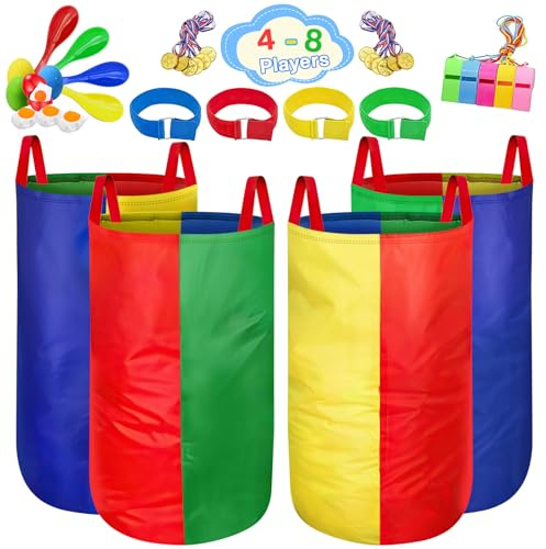 Sports and Outdoors, Sports Day Kit, 4 Potato Sack Race Bags, 4 Pairs of Foot Straps, 12 Medals, 5 Whistles, Perfect for Outside Backyard Field Day Birthday Party Games
