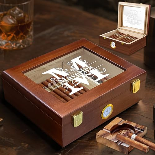 SRdrew Custom Wood Cigar Humidor Box with Hygrometer, Clear Acrylic Top Display, Personalized Storage Case with Humidifier