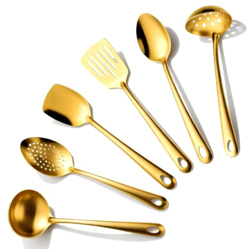 Gold Küchenutensilien Set 6-teilig,salatbesteck gold,Edelstahl Kochutensilien Set,Besteck Servierset Servier Utensilien Set,Küchenwerkzeuge Spatel Set,Home Essentials Küchengeräte Zubehör