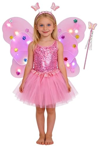 Generico Costume Farfalla Bambina - Costume Fatina 4Pcs Fata Ragazza Vestito Principessa Farfalla con Ali Bacchetta Tutù Cintura per i Capelli per Ragazze Bambina Feste a Tema Carnevale