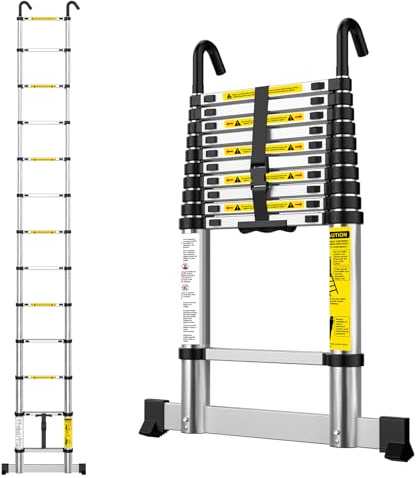 APEXSELECT Echelle Telescopique en Aluminium 3,8m | Échelle Télescopique avec Bâton de Stabilisation, EN131, 150kg pour Entretien de Toit Combles Maison Camping-Car