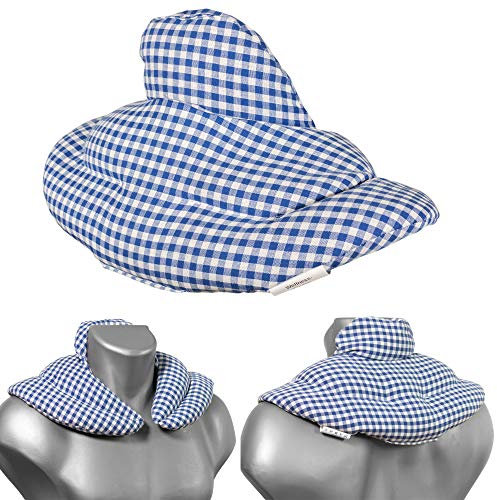 Cojín cervical de calor con cuello. azúl-blanco. Almohada térmica con huesos de cerezas. Cojín de nuca. Saco térmico de semillas