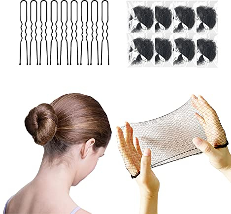 TonJin 50PCS Hair Nets and 10PCS U Shaped Hair Pins Set, 50cm Individual Package Invisible Hair Nets Elastic Edge Mesh and 6cm Hair Pins for Women Girls Ballet Bun Maker Dance (Black)