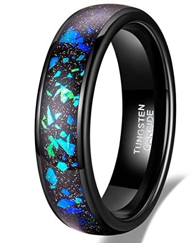TRUMIUM Wedding Bands For Men Women 6mm Tungsten Ring Green Opal Sandstone Inlay Beveled Edges Comfort Fit Engagement Men's Black Rings Size 10