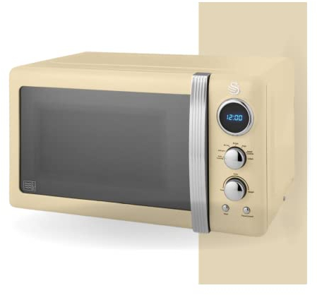 Swan SM22030LCN Retro LED Digital Microwave with Glass Turntable, 5 Power levels & Defrost Setting, 20L, 800W, Retro Cream