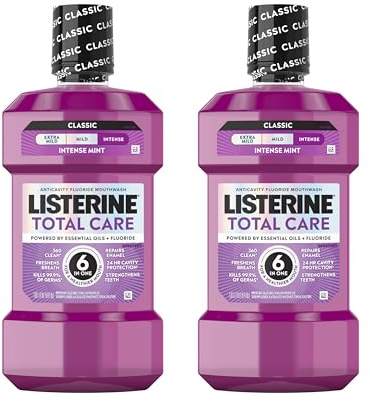 Listerine Total Care Anticavity Fluoride Mouthwash, 6-in-1 Rinse Helps Kill 99% of Bad Breath Germs, Prevents Cavities, Strengthens Teeth, Bad Breath Treatment for Adults, Fresh Mint, Twin Pack, 2x1 L