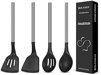 4 Stück Silikon-Küchenutensilien-Set, Wokspatel-Schlitzwender-Kochlöffel-Schlitzlöffel, Antihaft-BPA-frei, Hitzebeständig, Mit Edelstahlgriff, Küchenutensilien zum Kochen, Mischen, Servieren