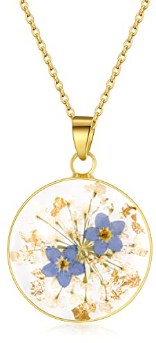 Vergissmeinnicht und Queen Anne's Lace Gepresste Wildblume Halskette | Gold gepresste Blume Halskette | Personalisierte handgefertigte Halsketten | Echte Blume Halskette | Abschiedsgeschenk | 45cm