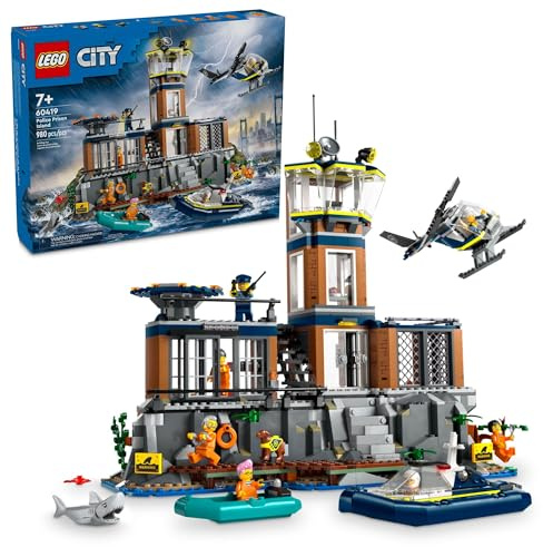 Lego City Police Gefängnisinsel Spielzeug Bauset 60419, für Jungen und Mädchen ab 7 Jahren, fantasievolles Spielen, Hubschrauberspielzeug, Bootsspielzeug und Schlauchboot, 7 Minifiguren