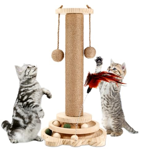 Interaktives Katzenspielzeug aus Holz Roller, 4 in 1, Doppelschicht Drehtisch hölzerner Katzenkratzbaum, Sisalseil für Katzenbäume mit hängenden Bällen, geeignet für kleine bis mittelgroße Katzen