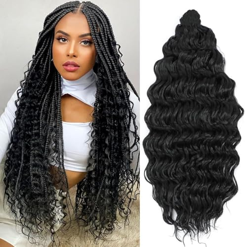 Ocean Wave Crochet Hair 18Inch 6Packs Deep Wave Braiding Hair Curl Crochet Synthetic Braids Hair Extension For Women (1B#, 18Inch 6Packs)