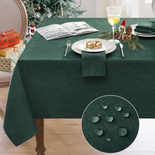 Softalker Xmas Large Table Cloth Rectangle 280x140 cm Dark Green Tablecloth Faux Linen Wipeable Table Cloths Water Resistant for Christmas New Year Holiday Festival Parties Buffets Winter,55x110 inch