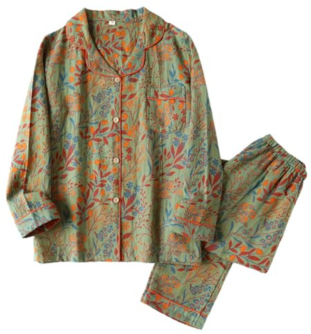 LXSNZARUY Pigiama puro floreale colorato con scollo a foglia di ginkgo, set di abbigliamento da casa con risvolto a foglia vintage, accogliente cappotto per la casa in puro cotone, Verde con motivo a