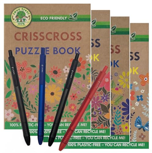 ihoot A5 Eco-Friendly Criss Cross Crossword Bundle | Puzzle Books for Adults and Teens | 4x Plastic-Free Wordsearch Books PLUS a Handy Pack of 4 Pens | Brain Teasers | 130+ Puzzles In Each