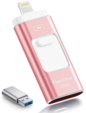 ROSPE Cle USB iPhone, Clé USB C 512 Go MFI Certifié, 3 en 1 Cle pour iPhone/iPad/Type C/Android/PC, Stockage Externe Haute Vitesse Clef Transfert Photos, Vidéos, Films(Rose Clair)