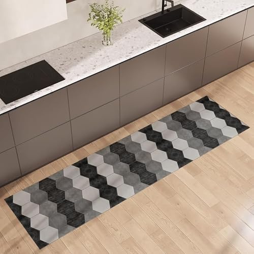 NARCISO Tappeto Cucina Antiscivolo Lavabile 100% Vinile Gommato Antimacchia, Passatoia Cucina Antiscivolo Lavabile, Tappeti Runner Disponibili in Varie Metrature (Tiles Grigio, 52x180cm)