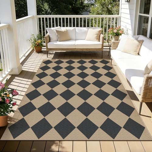 Capslpad Utomhusmatta 120 x 180 cm, jute-utseende väderbeständig, halkfri platt väv tvättbara mattor, robust köksmatta för vardagsrum, balkong, terrass, kök, trädgård, färg: svart rutig