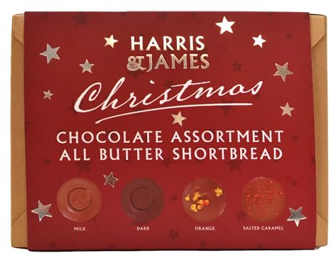 Harris & James Christmas All Butter Shortbread Biscuits Assortment Box. Contains Milk Chocolate, Dark Chocolate, Chocolate Orange and Salted Caramel (360g)