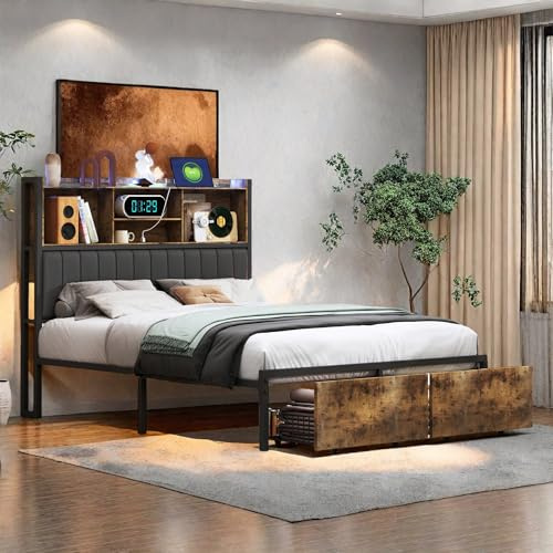 Zorvani Letto 160 x 200 cm, in metallo con rete a doghe, letto matrimoniale a LED, con stazione di ricarica e 2 cassetti, letto con testa in legno, telaio in metallo