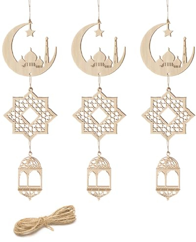 9 Pezzi Ornamenti Pendente in Legno Decorazione, Ciondolo in legno, Eid Mubarak, Decorazione Ramadan, Decoraziones a Forma di Luna a Vento, per Feste Musulmane Eid